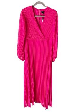 Boohoo Maxi Dress Women's 14 Pink Pleated Wrap Style Balloon Sleeves NWT Glam